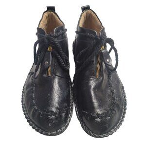 Men's Black Leather European Shoes (46 EU) w/ Zip & Lace-Up - Hand-Stitched